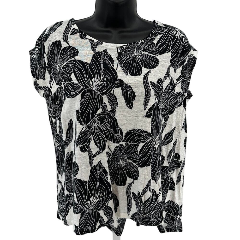 Tahari Linen Blouse WMNS S Black White Floral Cap Sleeve Round Neck Button Back